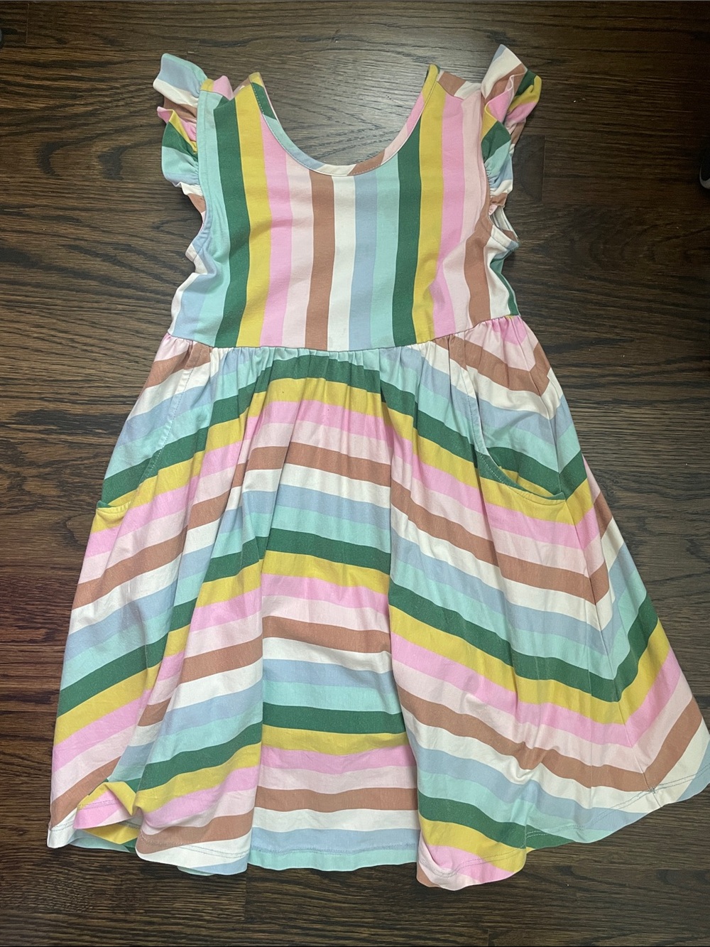 Hanna Andersson Pastel Rainbow Stripe Ruffle Sleeve Swing Dress with Pockets 6-7